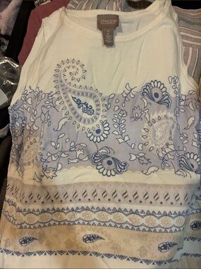 Chico's White Tank with Light Blue Paisley Border Print